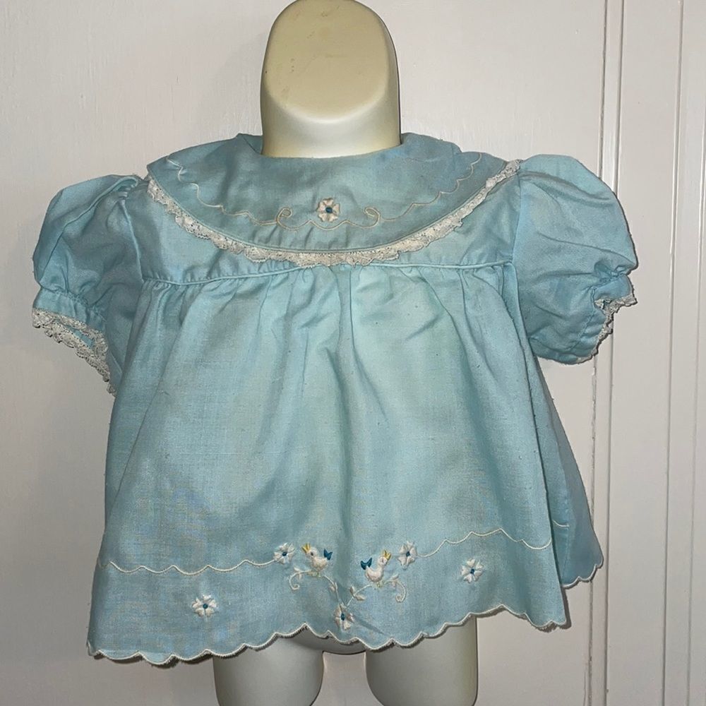 Vtg Nannette embroidered light blue baby dress